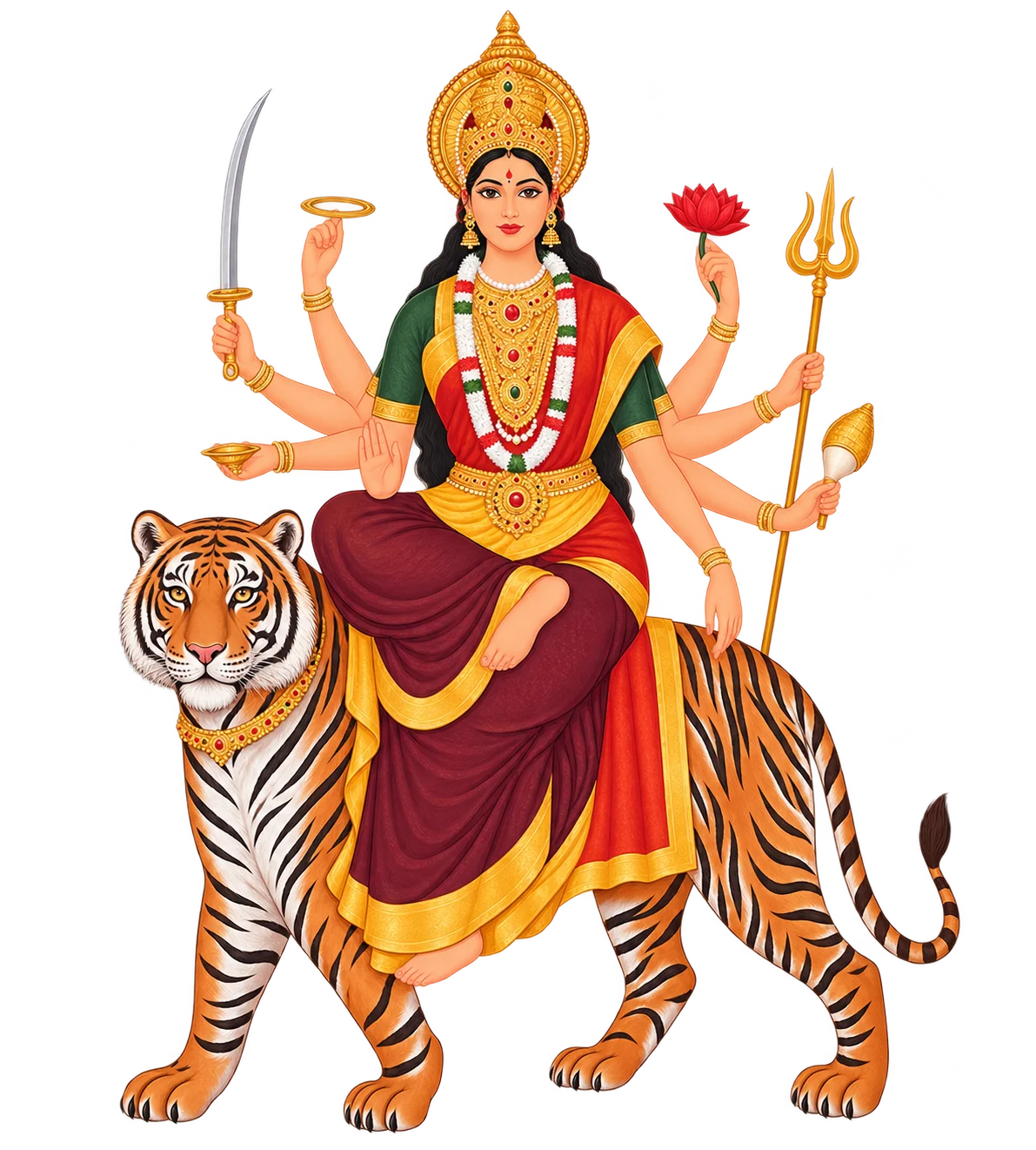 Ilustración de la diosa Durga montada sobre un tigre